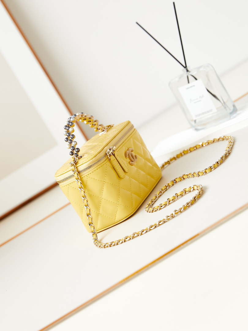 Chanel AP3804 Clutch Lambskin Vanity Box bag With Pearl handle Yellow