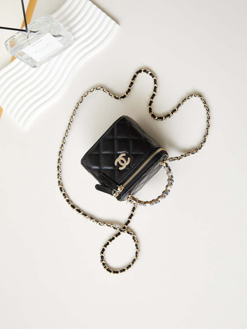 Chanel AP3805 Mini Clutch Lambskin Vanity Box bag With Pearl handle Black