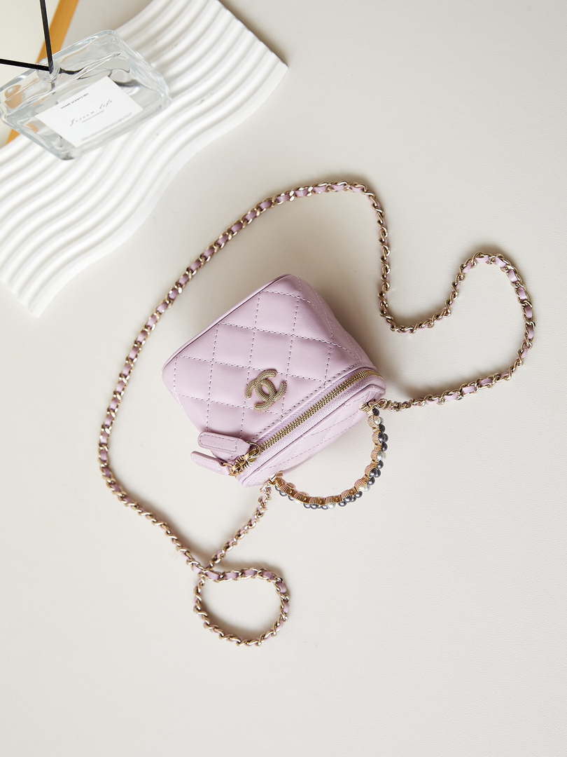 Chanel AP3805 Mini Clutch Lambskin Vanity Box bag With Pearl handle Pink