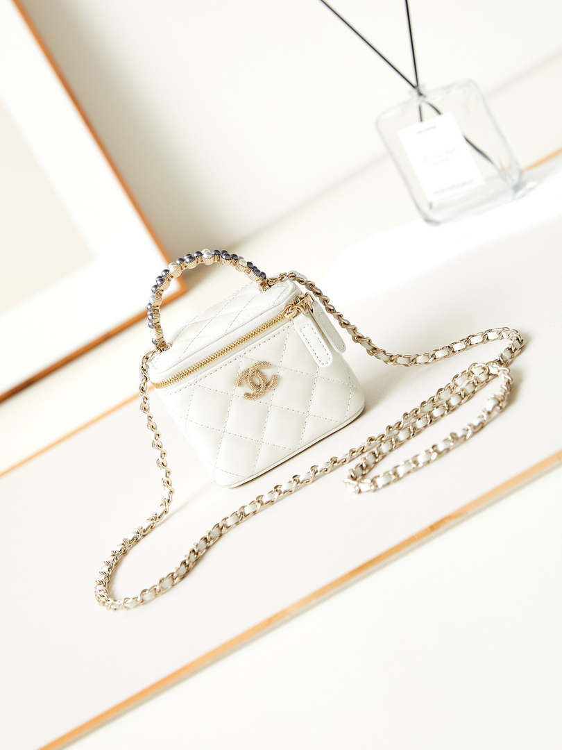 Chanel AP3805 Mini Clutch Lambskin Vanity Box bag With Pearl handle White - Default Title - View 1