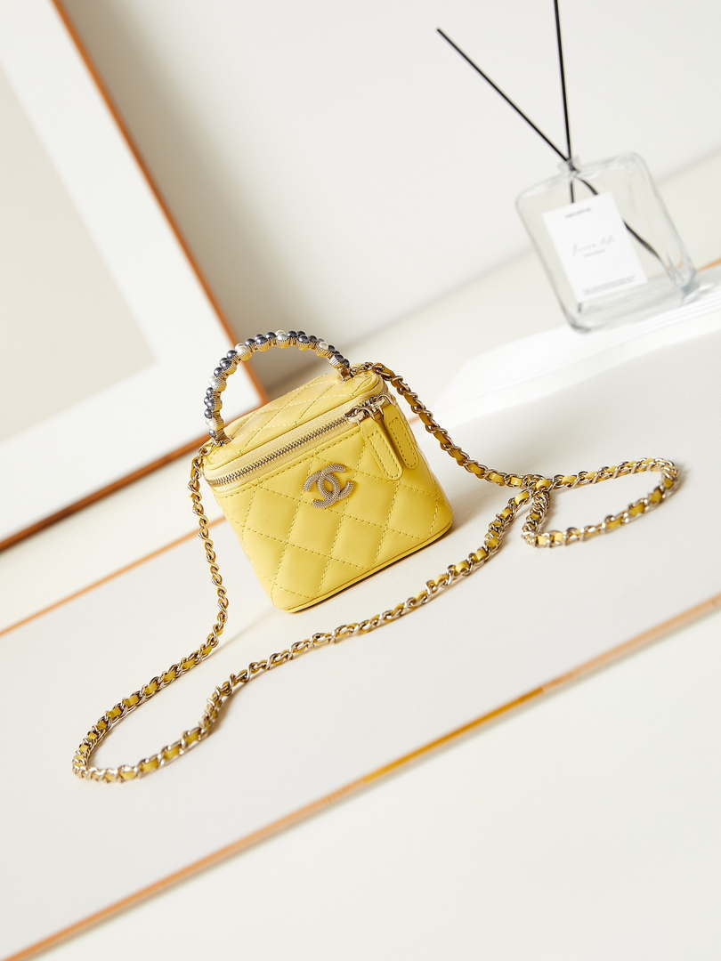 Chanel AP3805 Mini Clutch Lambskin Vanity Box bag With Pearl handle Yellow - Default Title - View 1