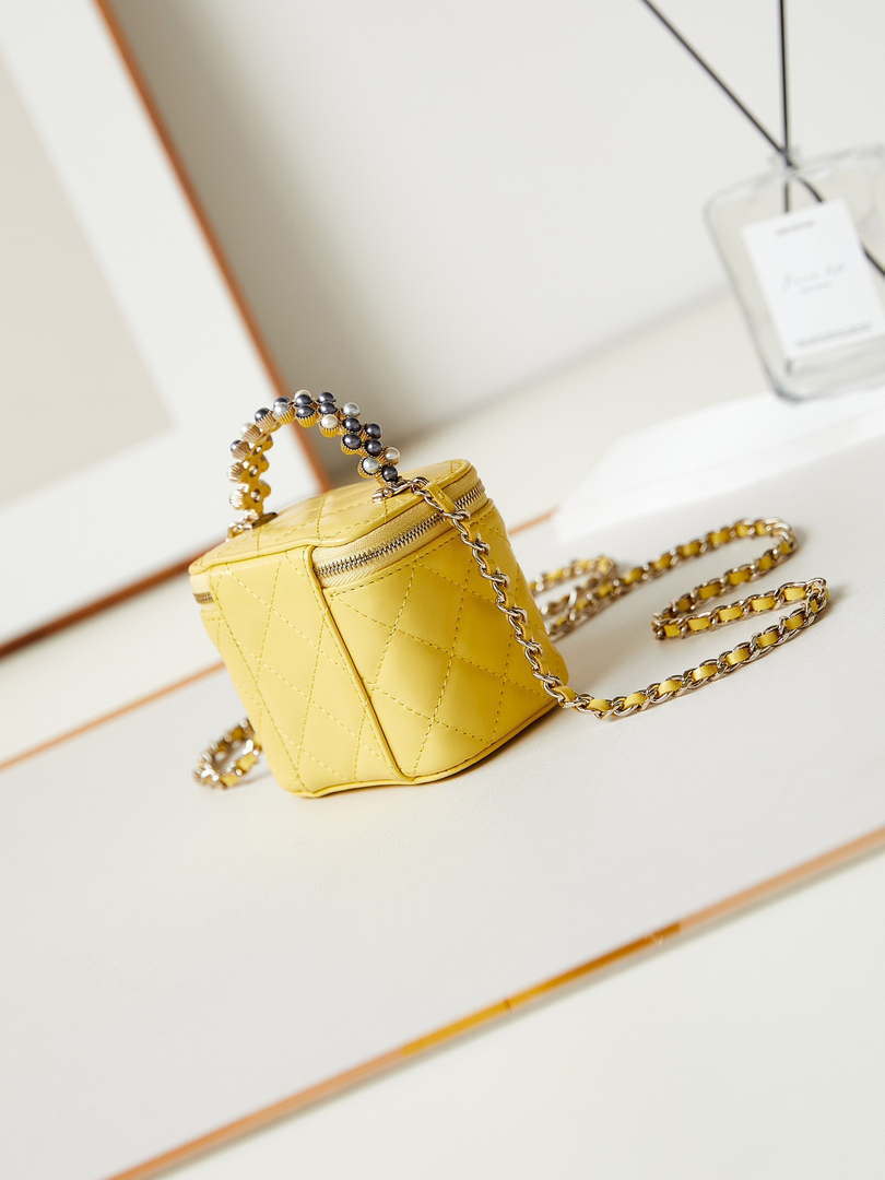 Chanel AP3805 Mini Clutch Lambskin Vanity Box bag With Pearl handle Yellow - Default Title - View 4