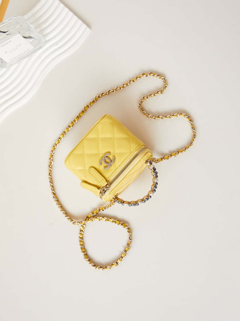 Chanel AP3805 Mini Clutch Lambskin Vanity Box bag With Pearl handle Yellow