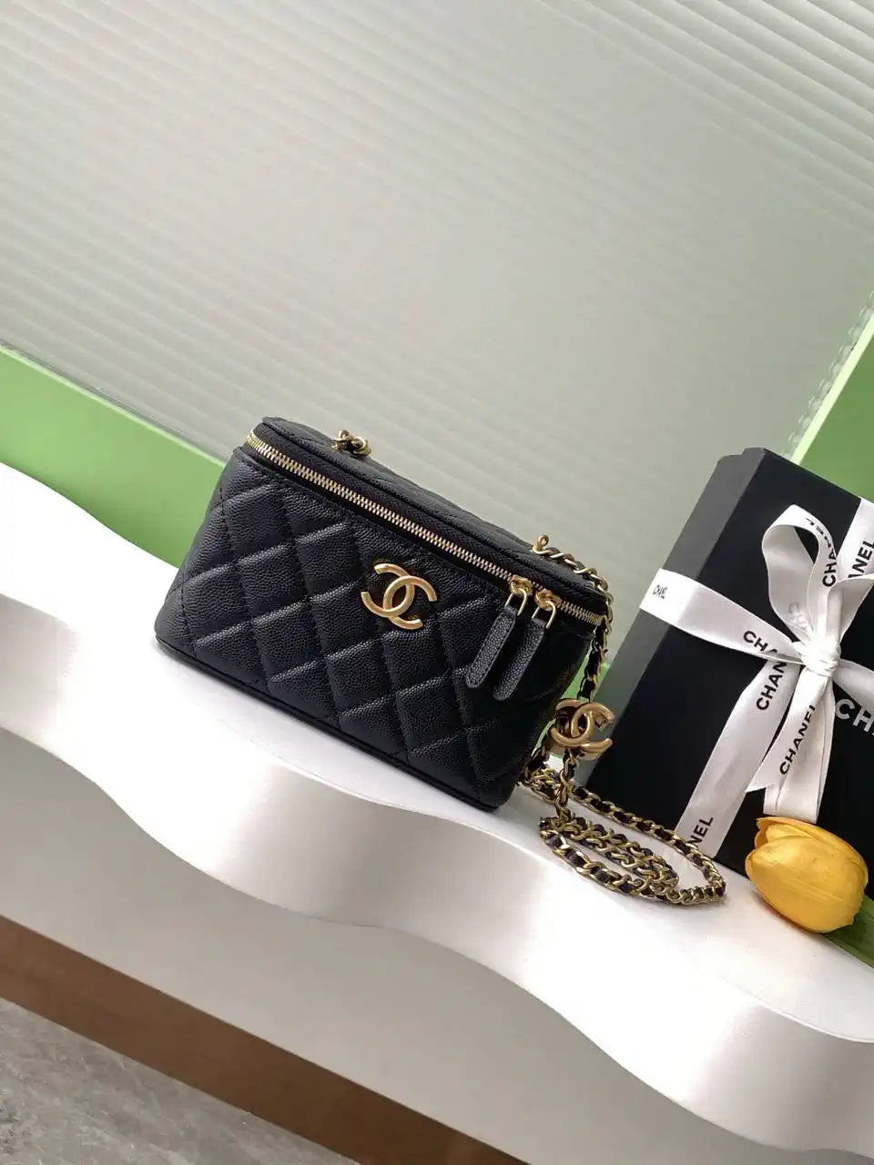 Chanel AP3940 25B Long Vanity with Chain  Calfskin Gold-Tone Meta Black