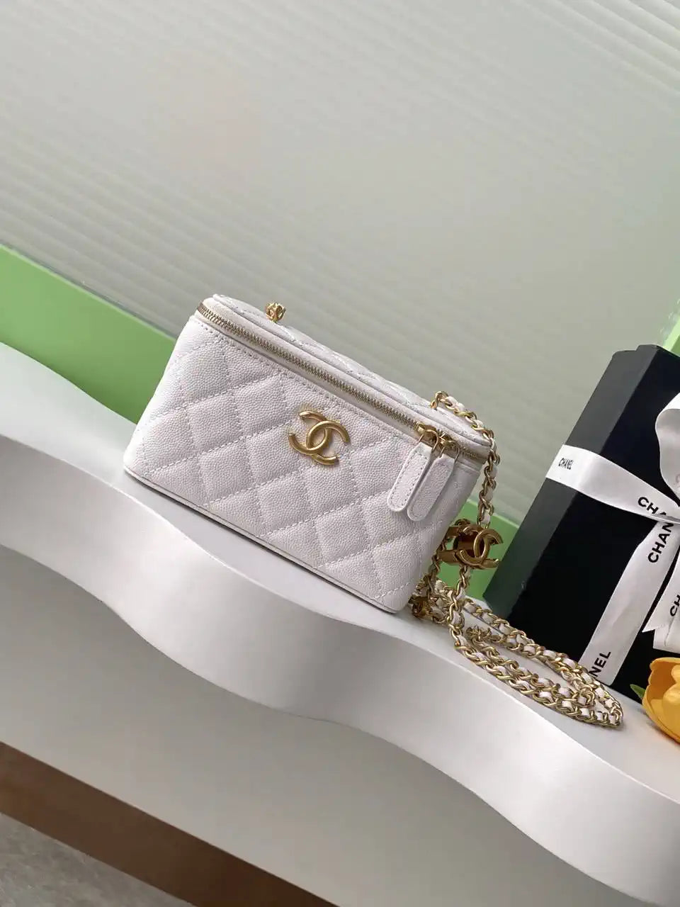 Chanel AP3940 25B Long Vanity with Chain  Calfskin Gold-Tone Meta White