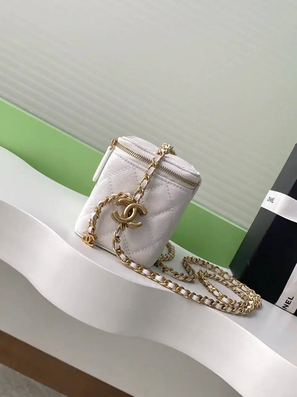 Chanel AP3940 25B Long Vanity with Chain  Calfskin Gold-Tone Meta White