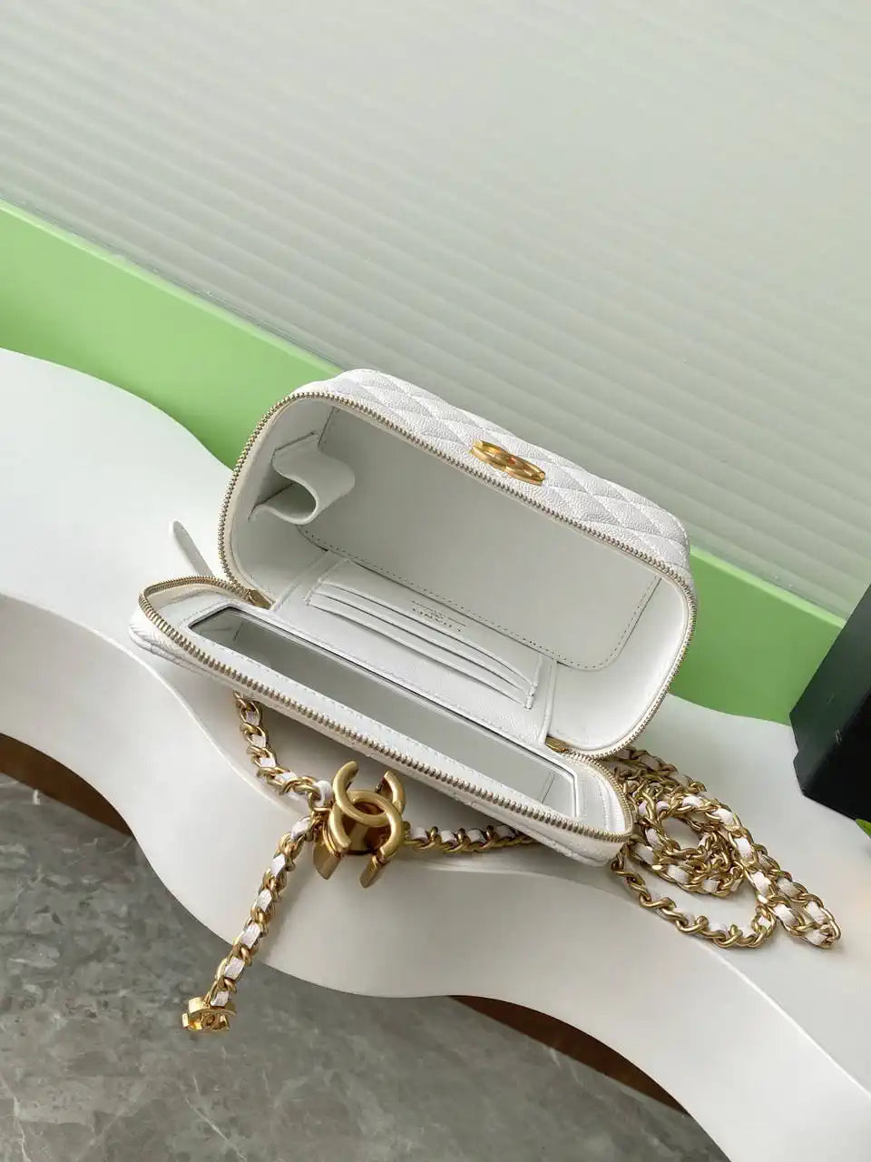 Chanel AP3940 25B Long Vanity with Chain  Calfskin Gold-Tone Meta White