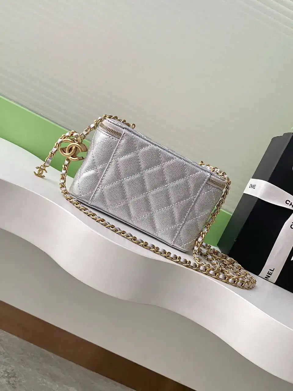Chanel AP3940 25B Long Vanity with Chain  Calfskin Gold-Tone Meta Silver