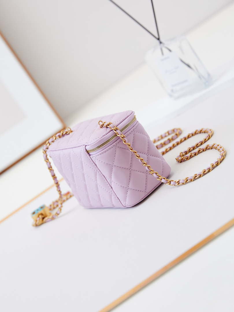 Chanel AP3940 Clutch With Chain Lambskin Vanity Box bag with Enamel buckle light Purple - Default Title - View 4