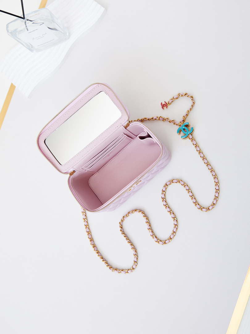 Chanel AP3940 Clutch With Chain Lambskin Vanity Box bag with Enamel buckle light Purple - Default Title - View 8