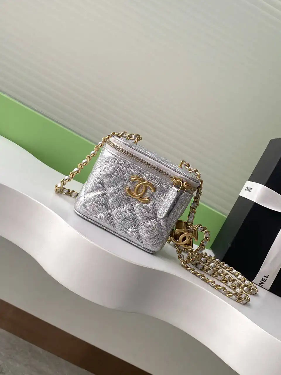 Chanel AP3941 25B  Small Vanity with Chain  Calfskin Gold-Tone Meta Silver
