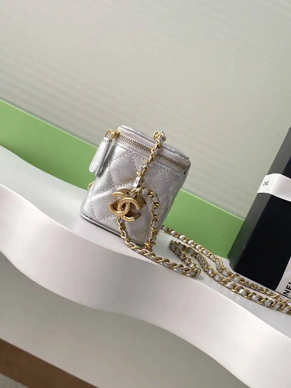 Chanel AP3941 25B  Small Vanity with Chain  Calfskin Gold-Tone Meta Silver