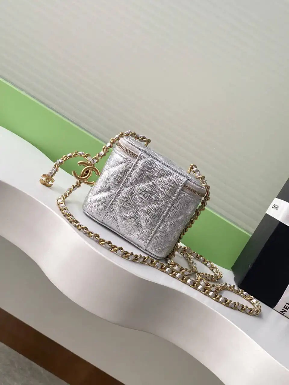 Chanel AP3941 25B  Small Vanity with Chain  Calfskin Gold-Tone Meta Silver