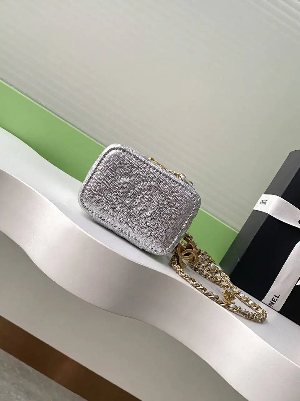Chanel AP3941 25B  Small Vanity with Chain  Calfskin Gold-Tone Meta Silver