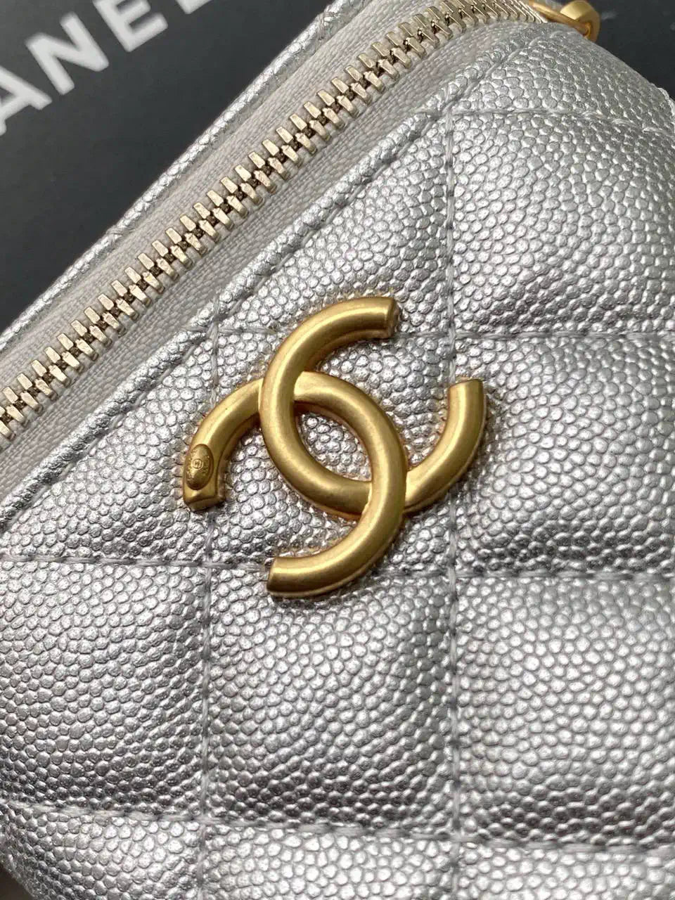 Chanel AP3941 25B  Small Vanity with Chain  Calfskin Gold-Tone Meta Silver