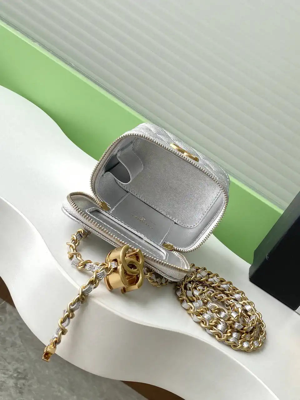 Chanel AP3941 25B  Small Vanity with Chain  Calfskin Gold-Tone Meta Silver
