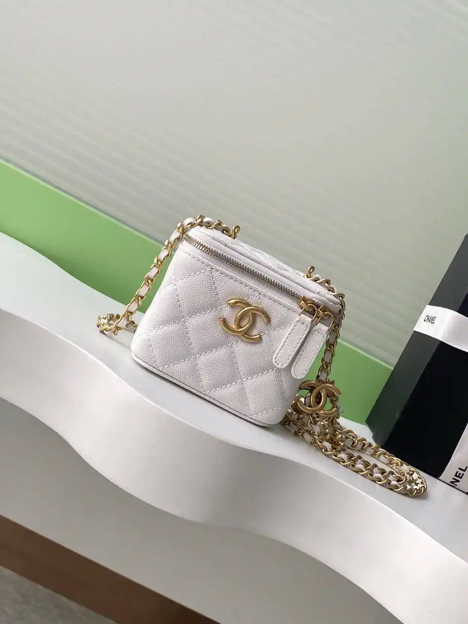 Chanel AP3941 25B  Small Vanity with Chain  Calfskin Gold-Tone Meta White