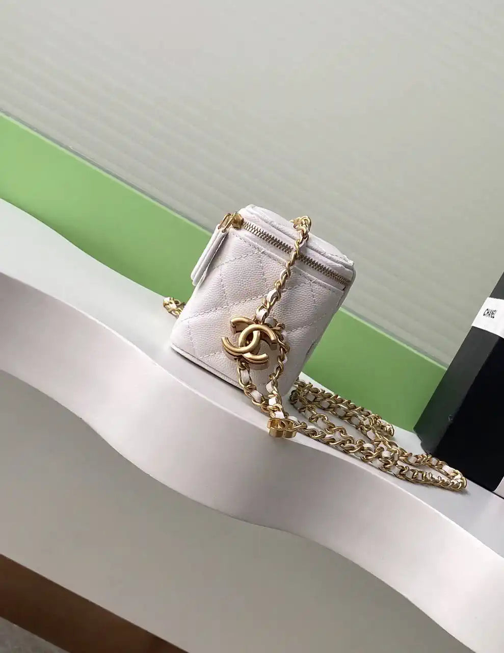 Chanel AP3941 25B  Small Vanity with Chain  Calfskin Gold-Tone Meta White