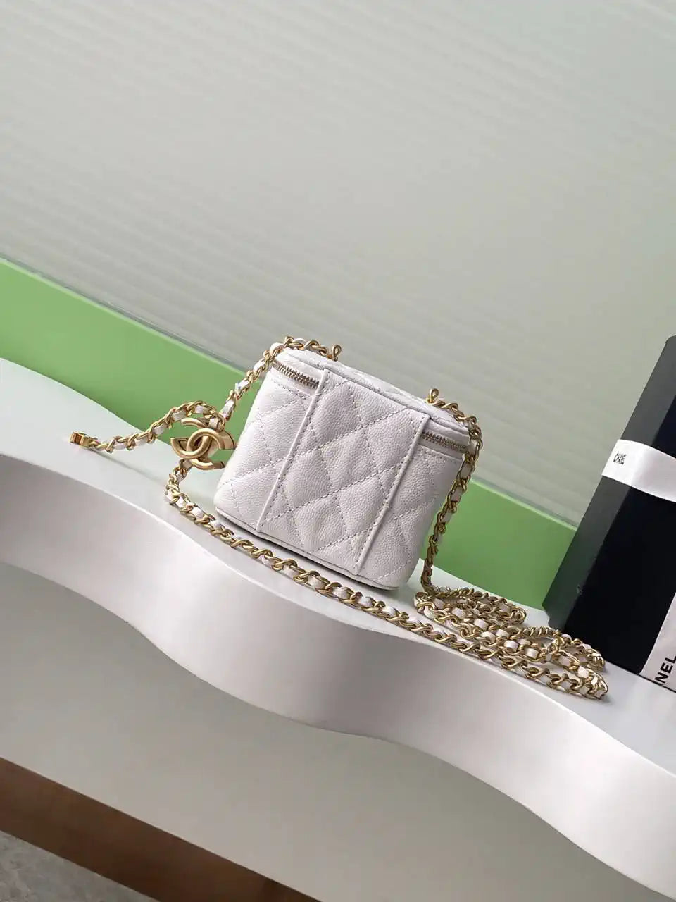 Chanel AP3941 25B  Small Vanity with Chain  Calfskin Gold-Tone Meta White