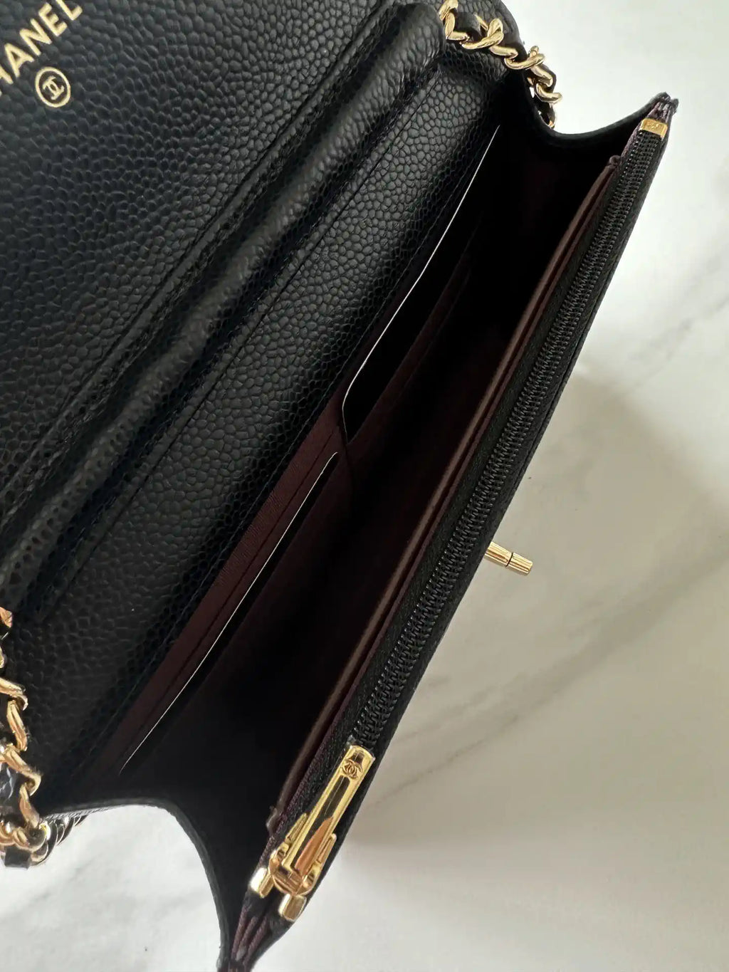 Chanel AP4241 Classic Wallet On Chain Grained Shiny Calfskin Black