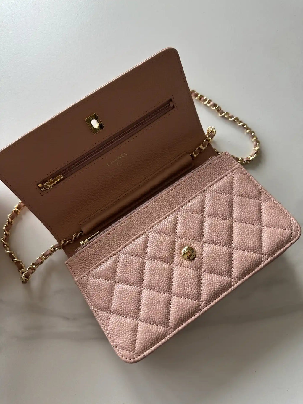 Chanel AP4241 Classic Wallet On Chain Grained Shiny Calfskin Pink