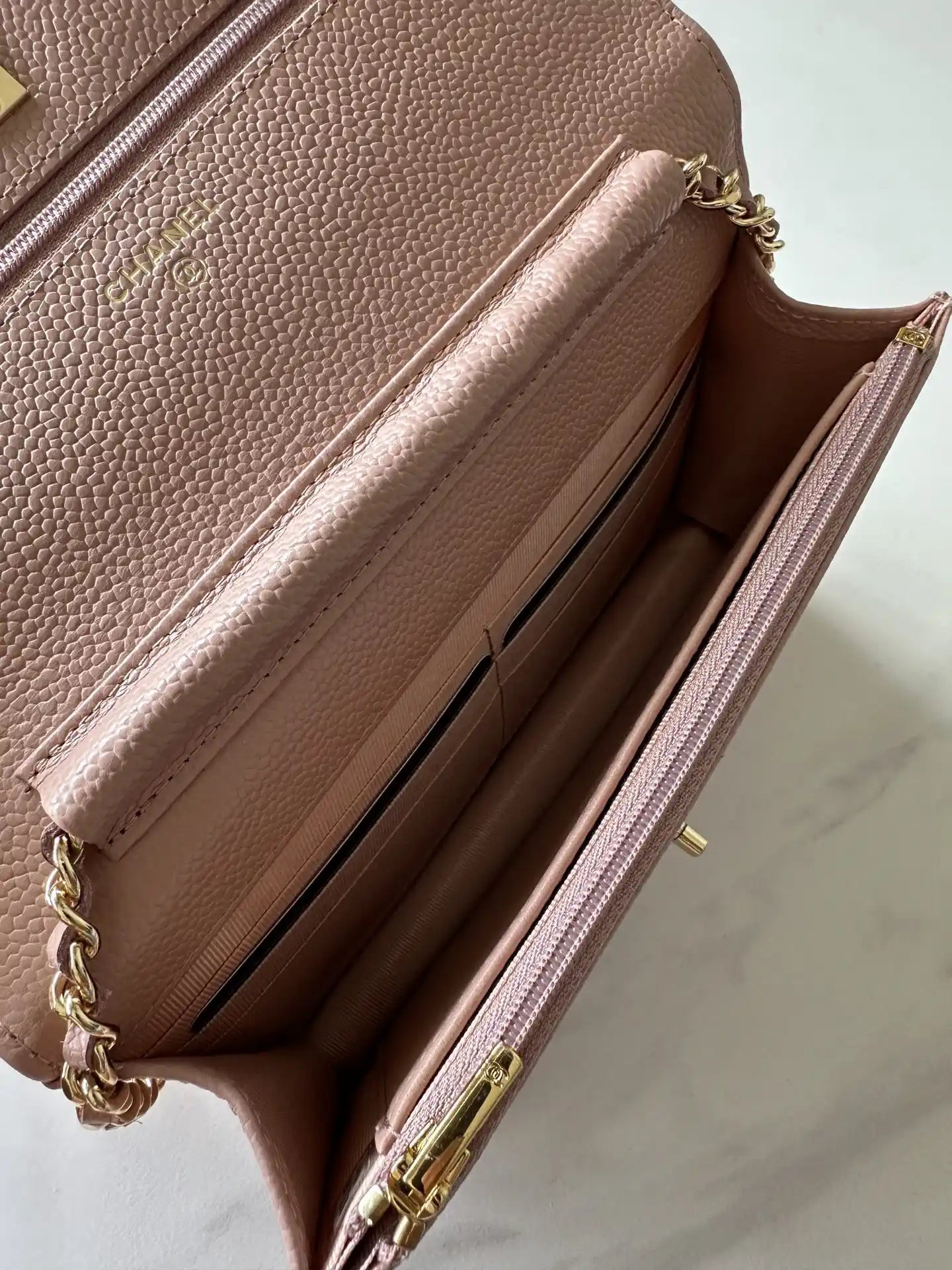 Chanel AP4241 Classic Wallet On Chain Grained Shiny Calfskin Pink