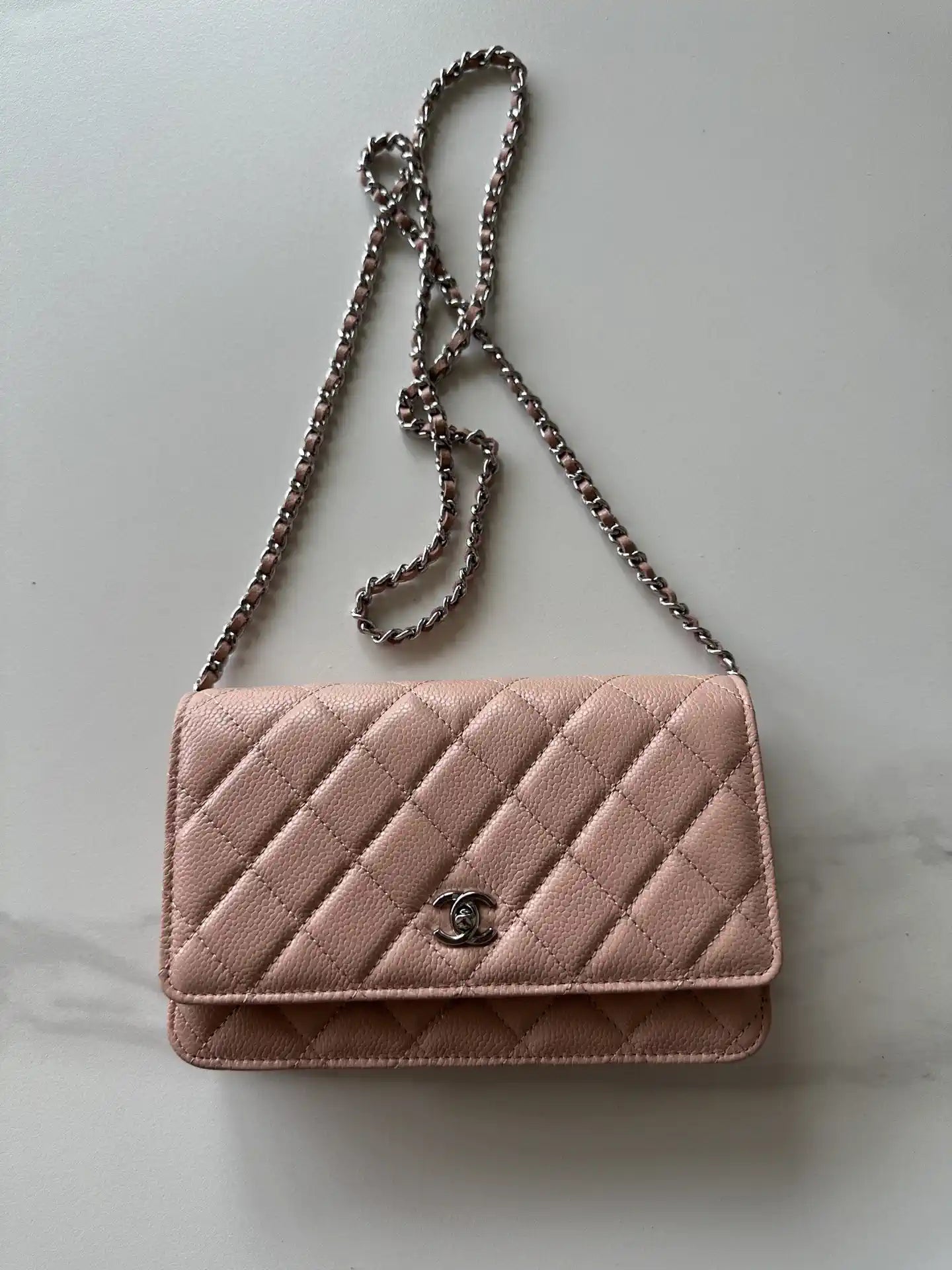 Chanel AP4241 Classic Wallet On Chain Grained Shiny Calfskin Pink