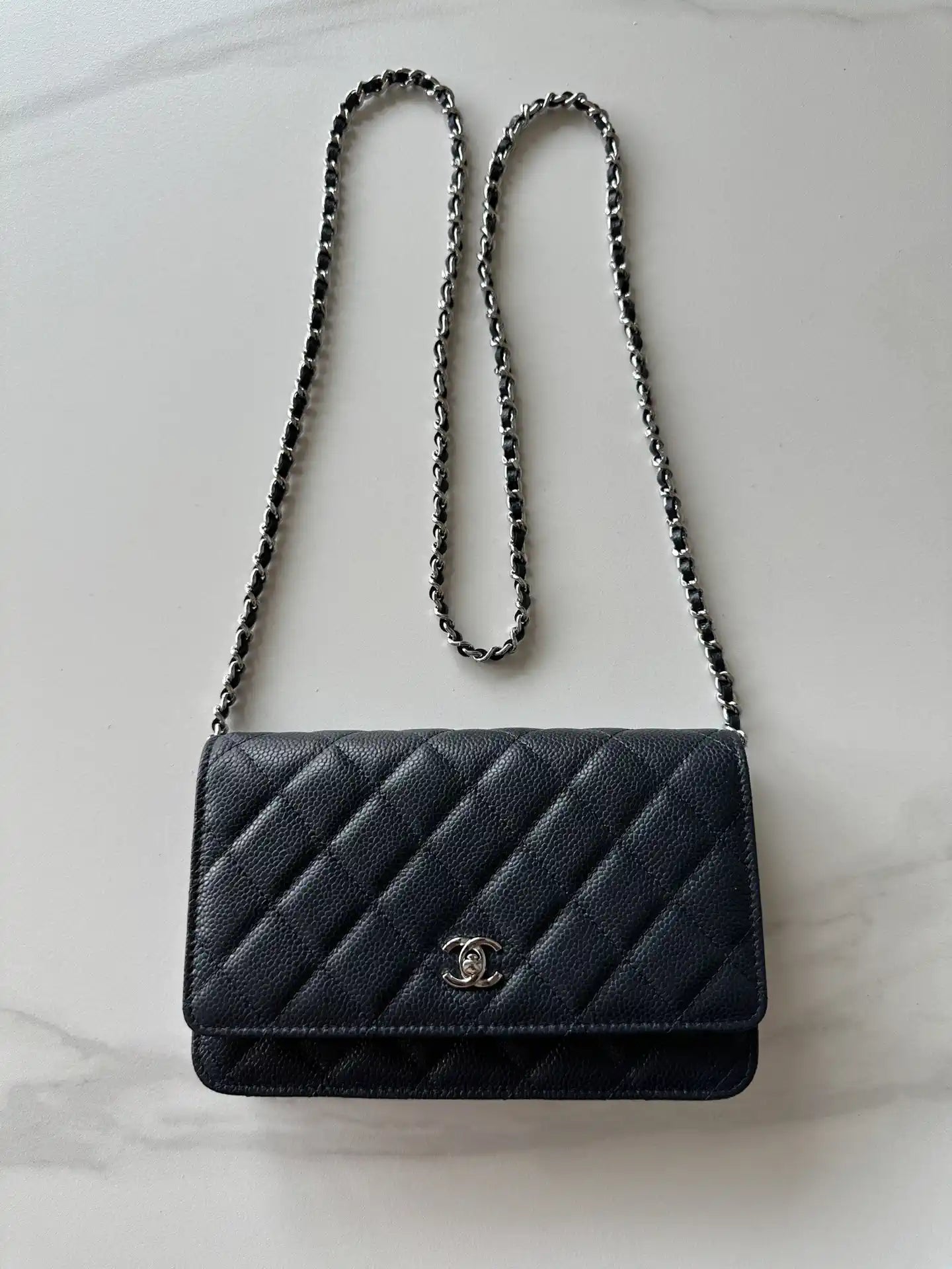 Chanel AP4241 Classic Wallet On Chain Grained Shiny Calfskin Navy Blue