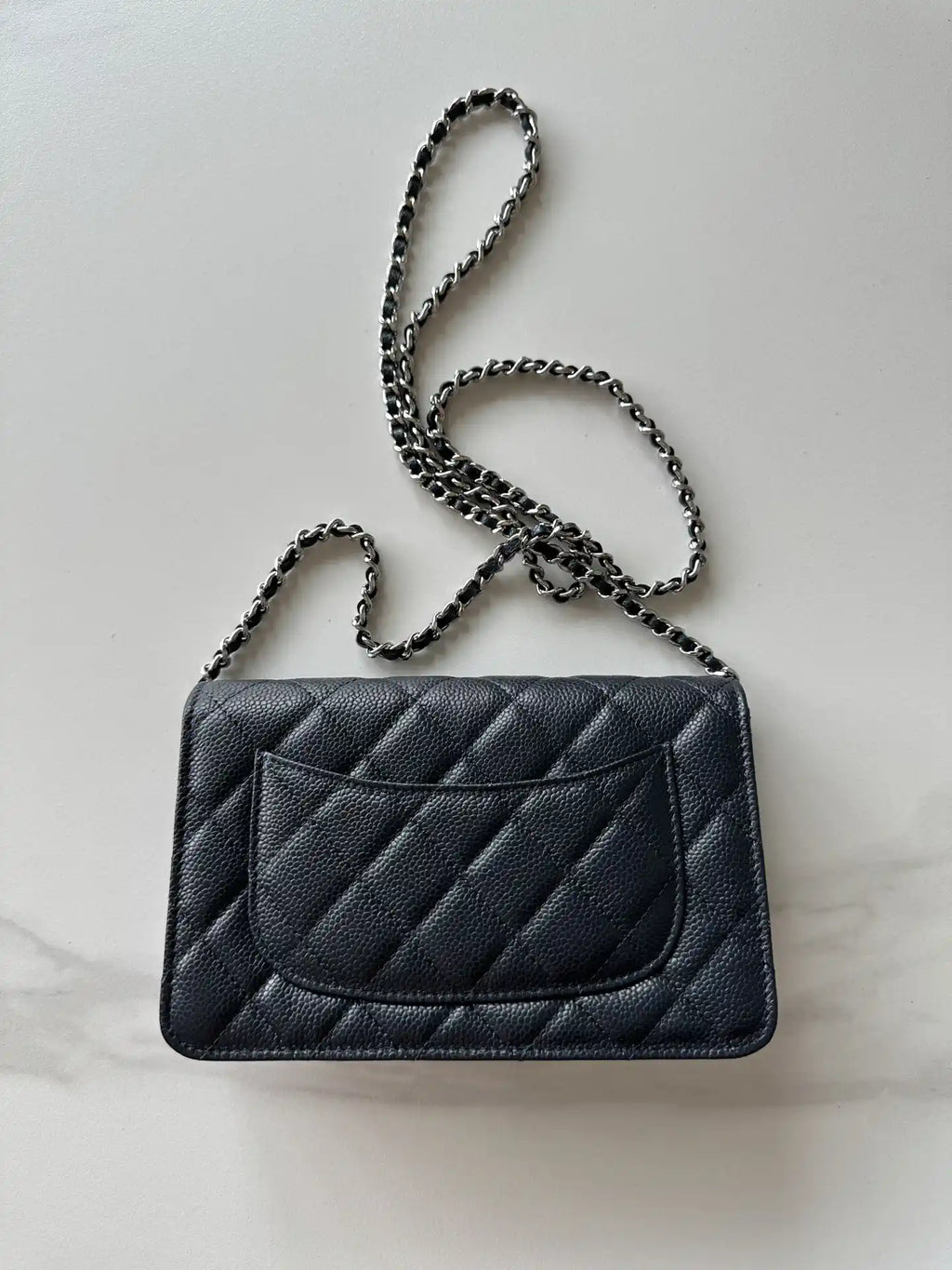 Chanel AP4241 Classic Wallet On Chain Grained Shiny Calfskin Navy Blue
