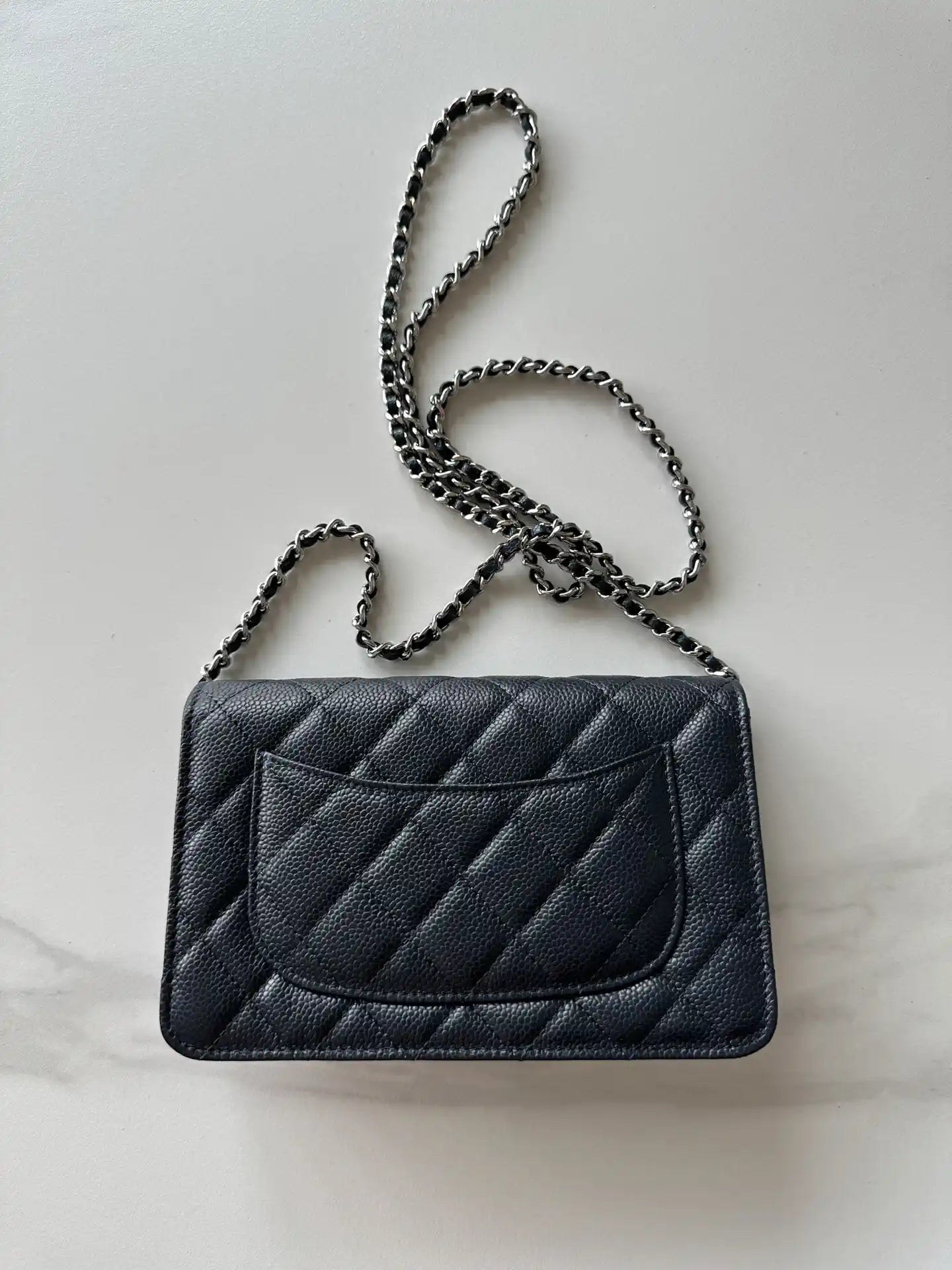 Chanel AP4241 Classic Wallet On Chain Grained Shiny Calfskin Navy Blue