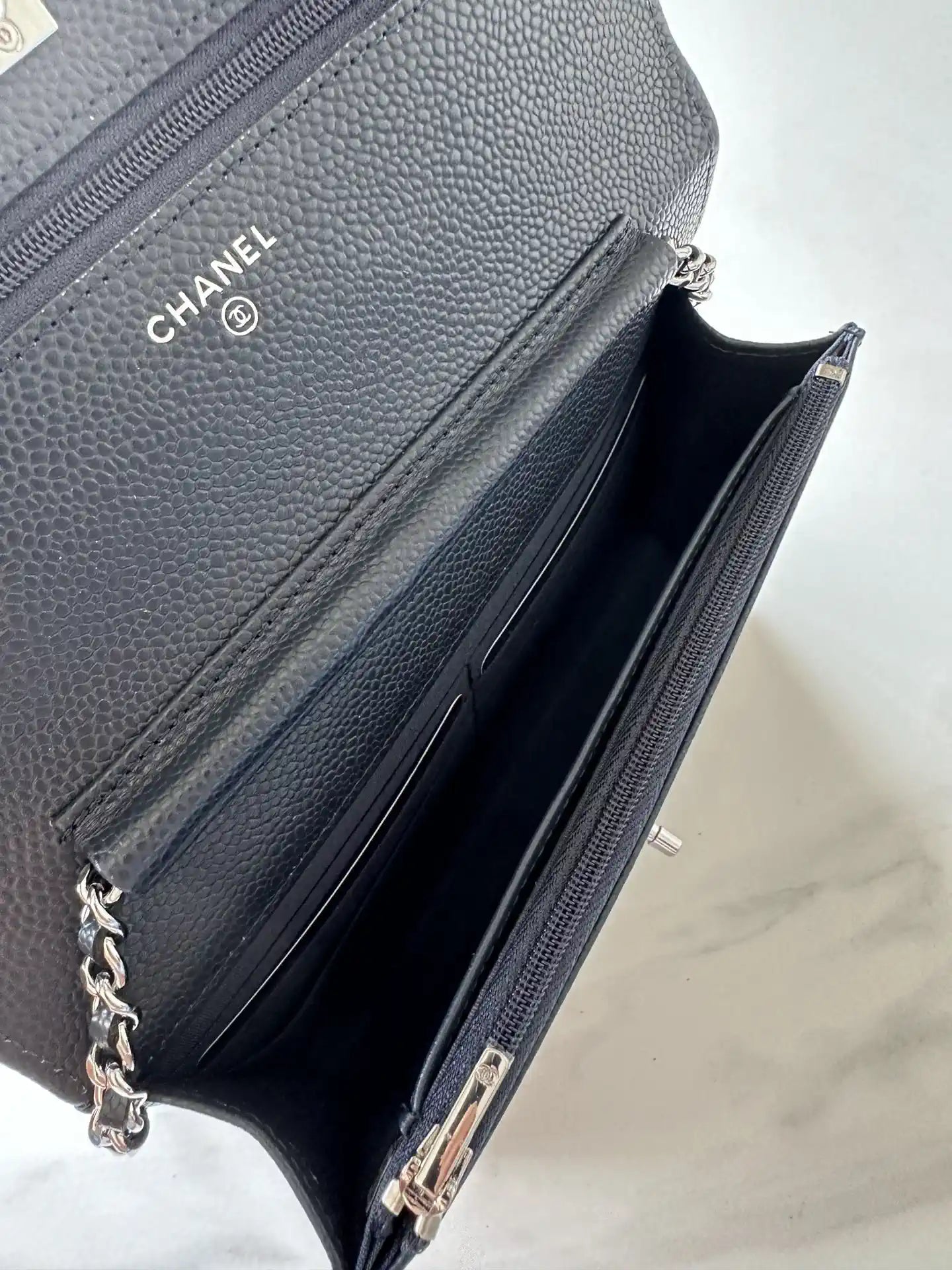 Chanel AP4241 Classic Wallet On Chain Grained Shiny Calfskin Navy Blue