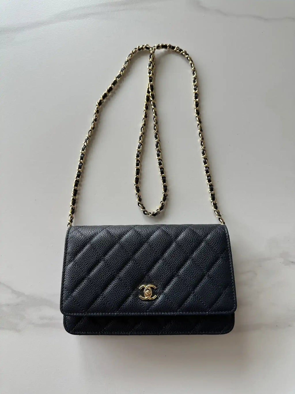 Chanel AP4241 Classic Wallet On Chain Grained Shiny Calfskin Navy Blue
