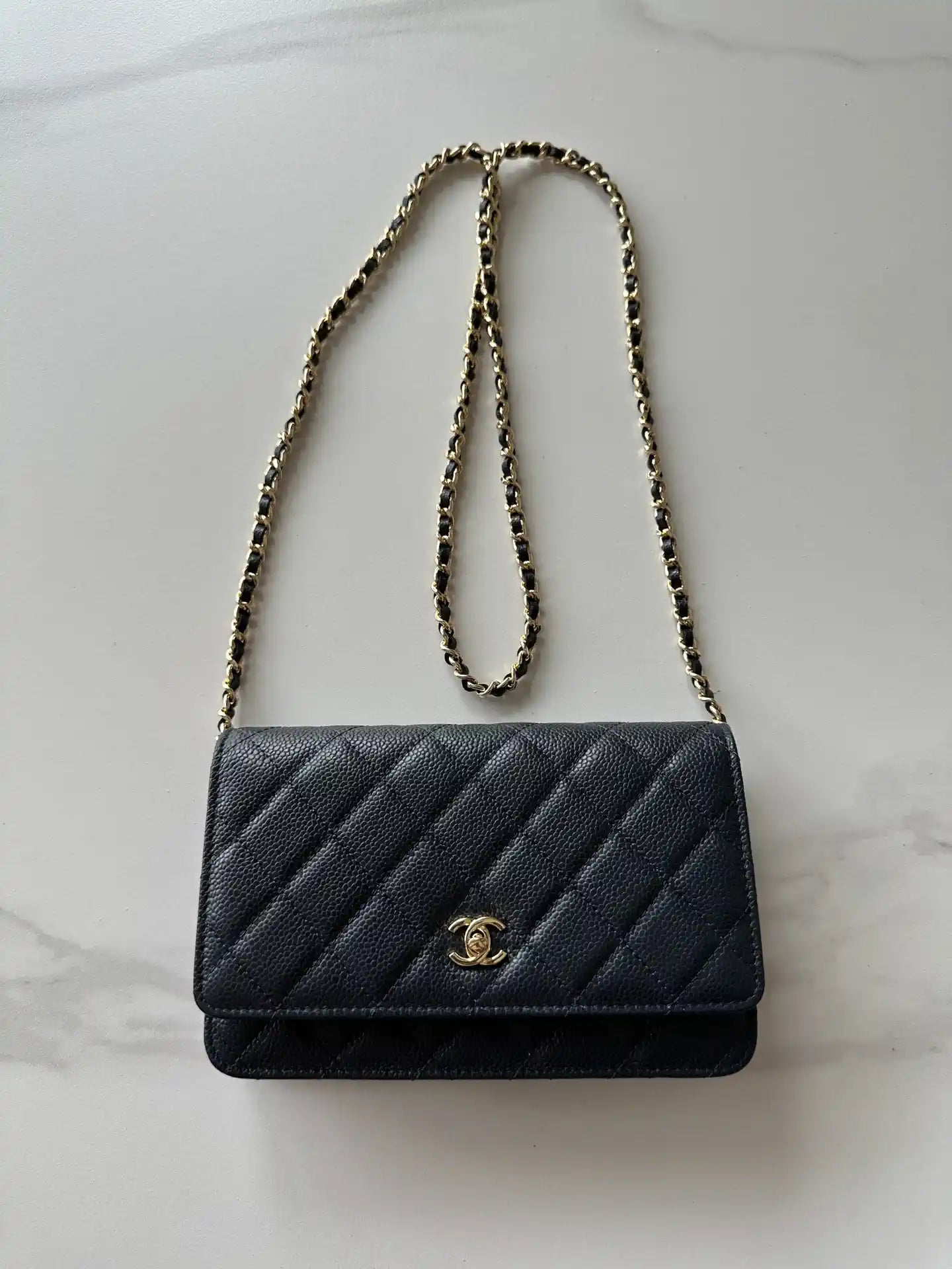Chanel AP4241 Classic Wallet On Chain Grained Shiny Calfskin Navy Blue