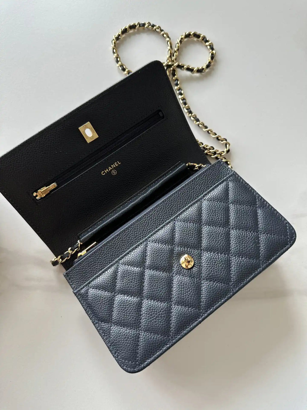 Chanel AP4241 Classic Wallet On Chain Grained Shiny Calfskin Navy Blue
