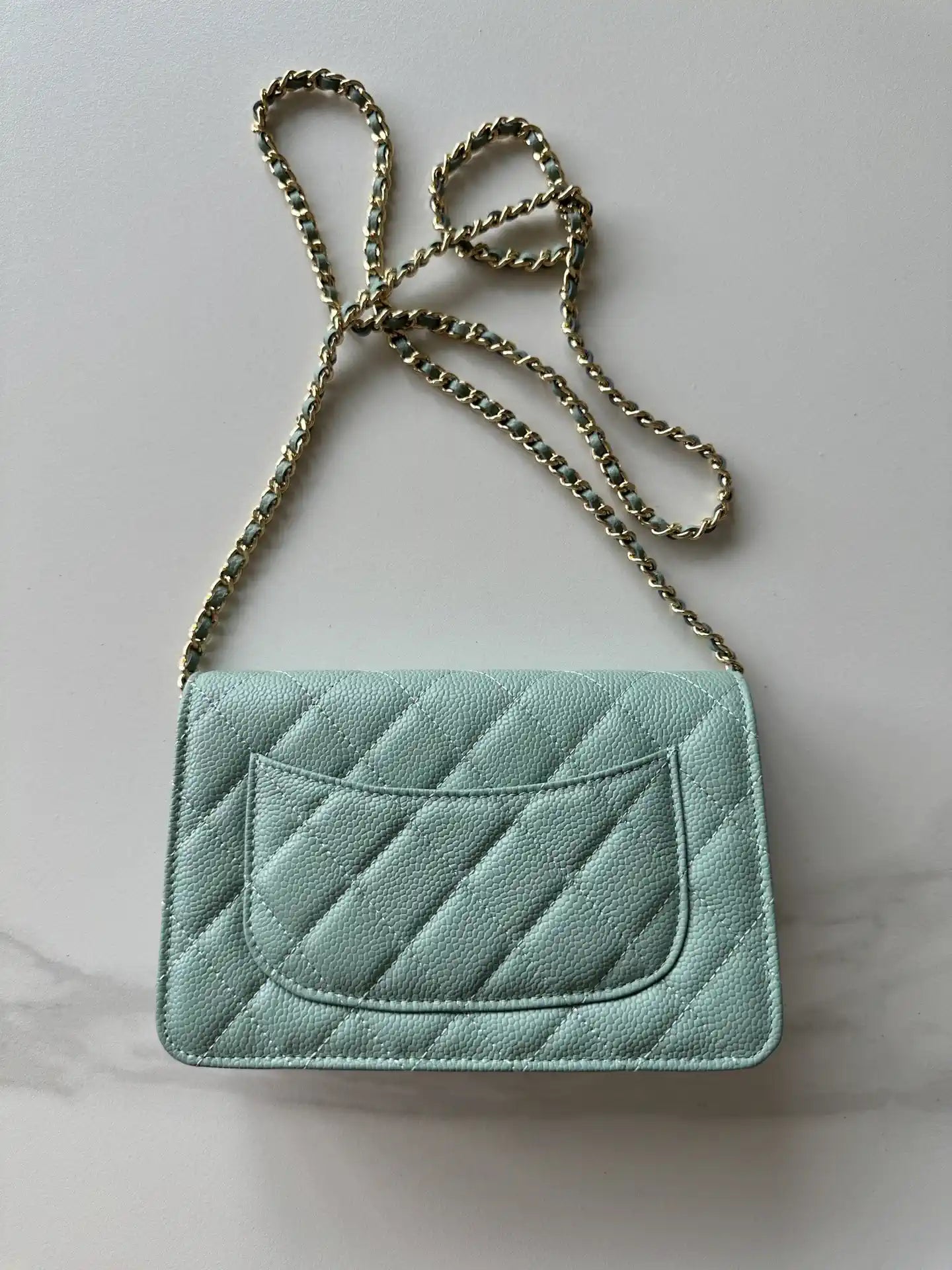 Chanel AP4241 Classic Wallet On Chain Grained Shiny Calfskin Light Blue