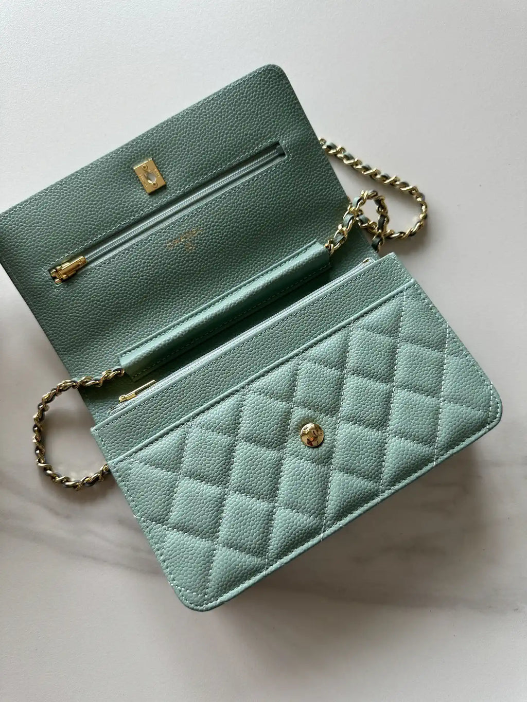 Chanel AP4241 Classic Wallet On Chain Grained Shiny Calfskin Light Blue