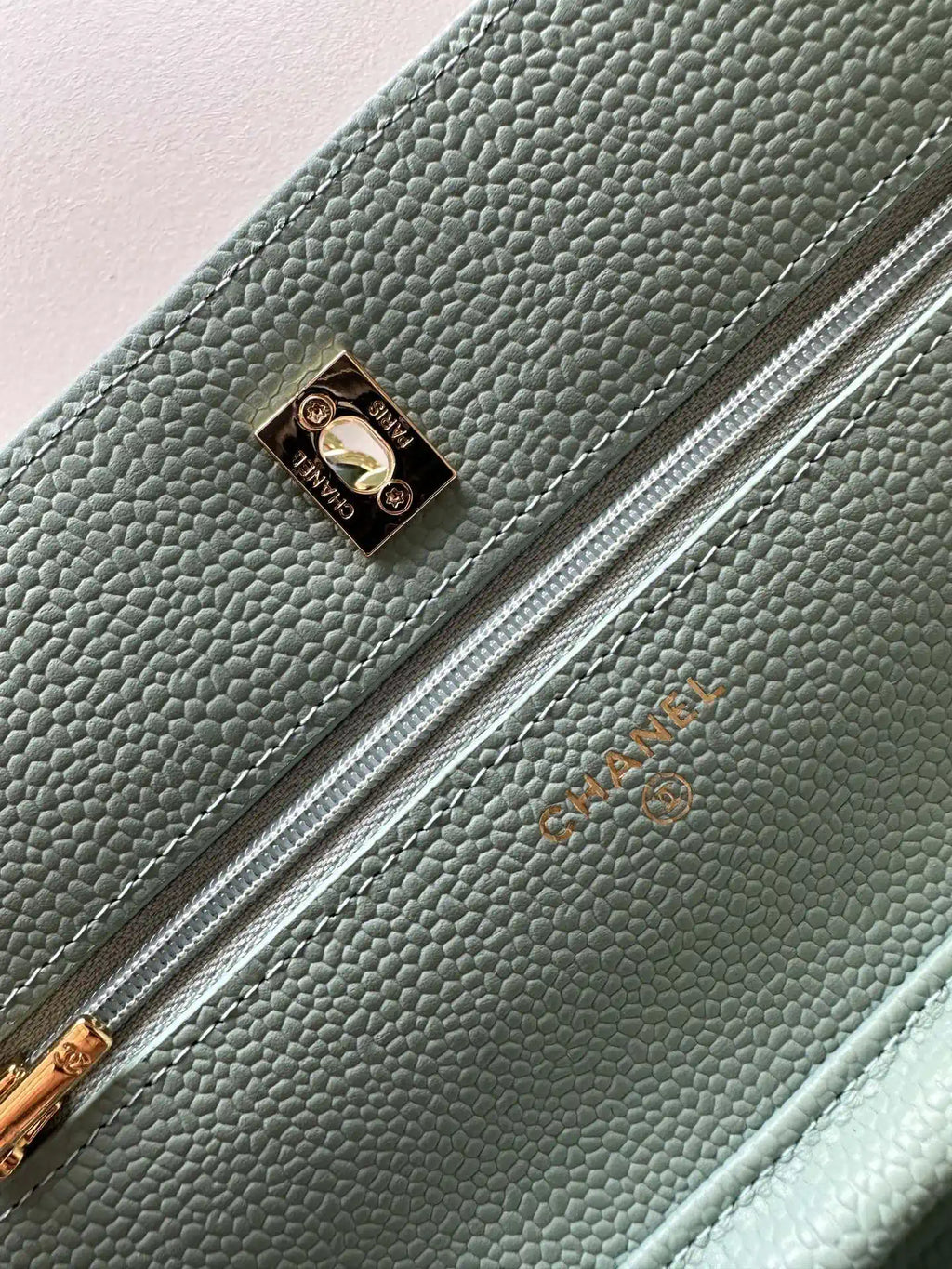 Chanel AP4241 Classic Wallet On Chain Grained Shiny Calfskin Light Blue