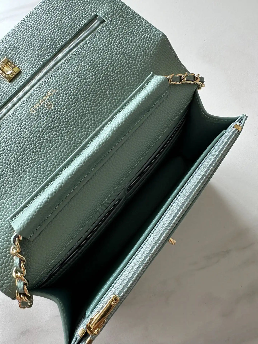 Chanel AP4241 Classic Wallet On Chain Grained Shiny Calfskin Light Blue