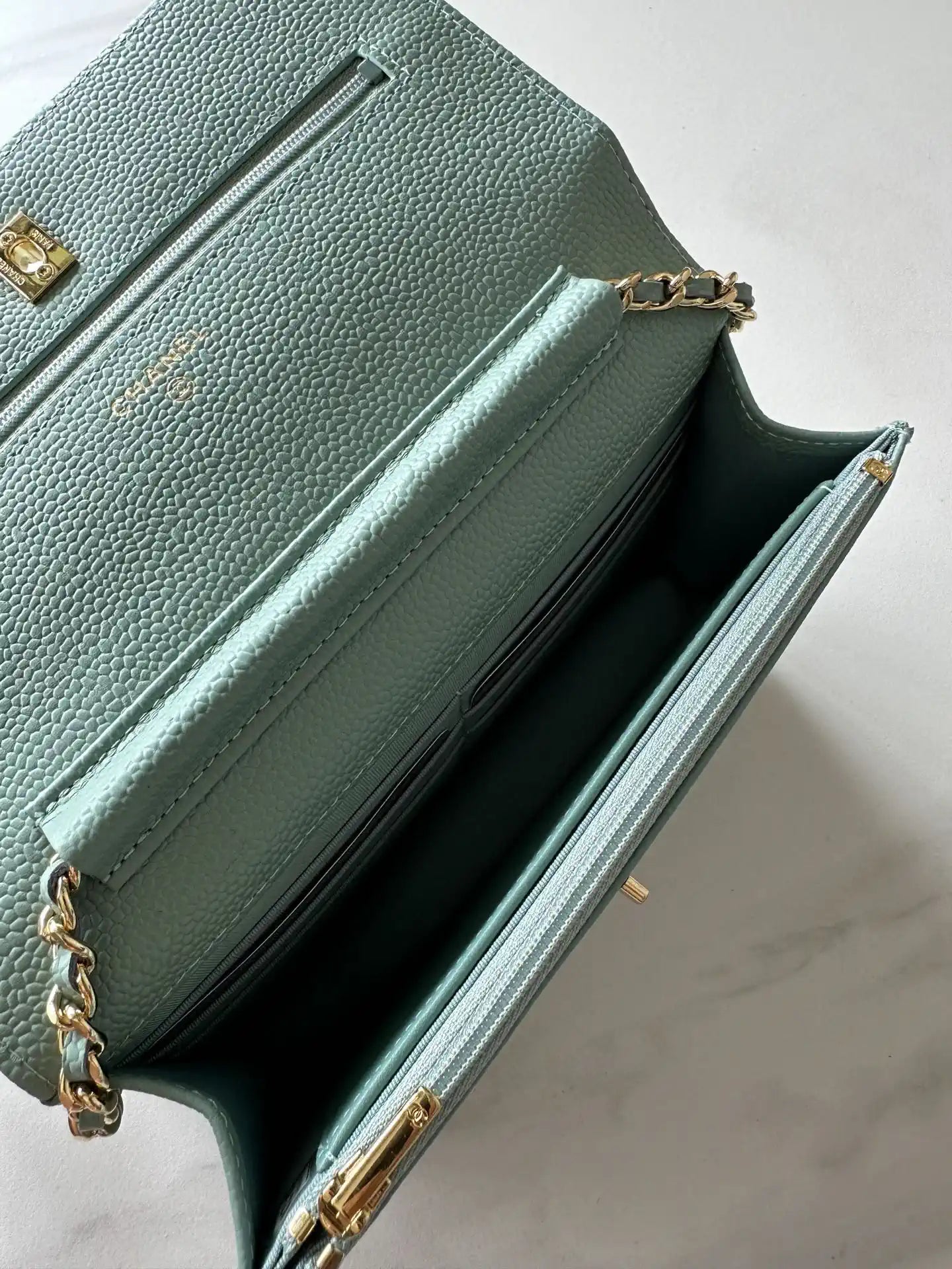 Chanel AP4241 Classic Wallet On Chain Grained Shiny Calfskin Light Blue