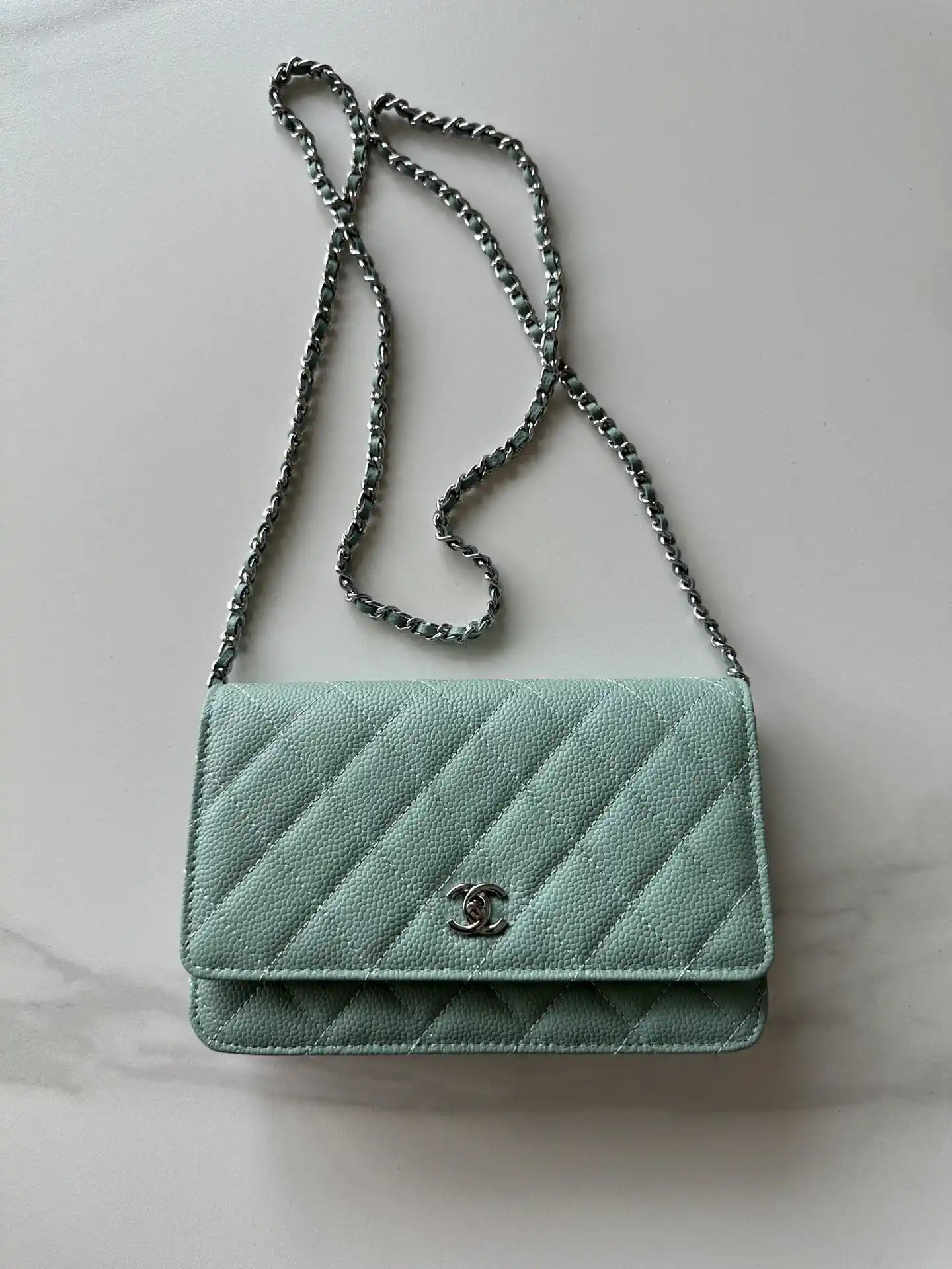 Chanel AP4241 Classic Wallet On Chain Grained Shiny Calfskin Light Blue