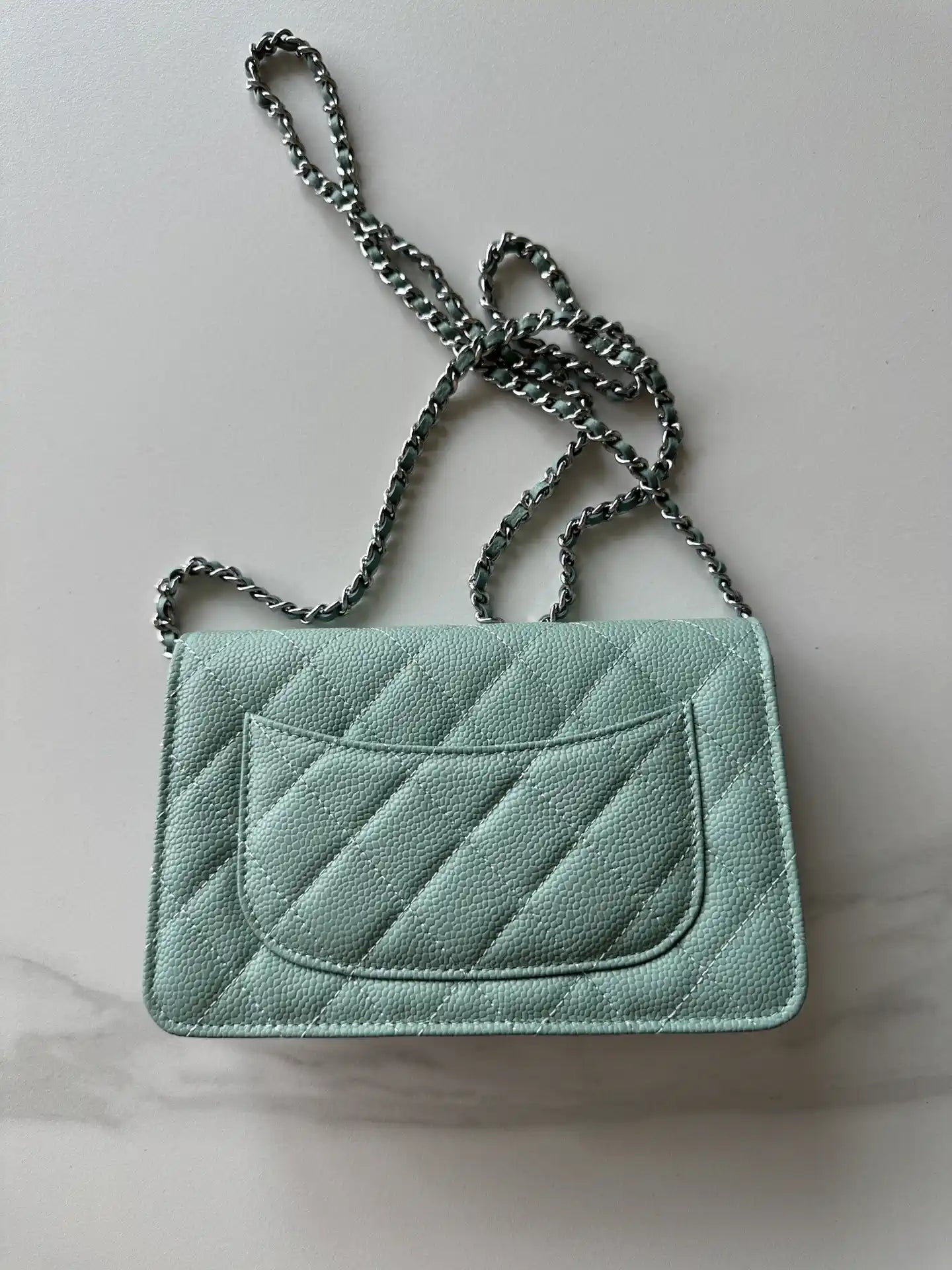 Chanel AP4241 Classic Wallet On Chain Grained Shiny Calfskin Light Blue