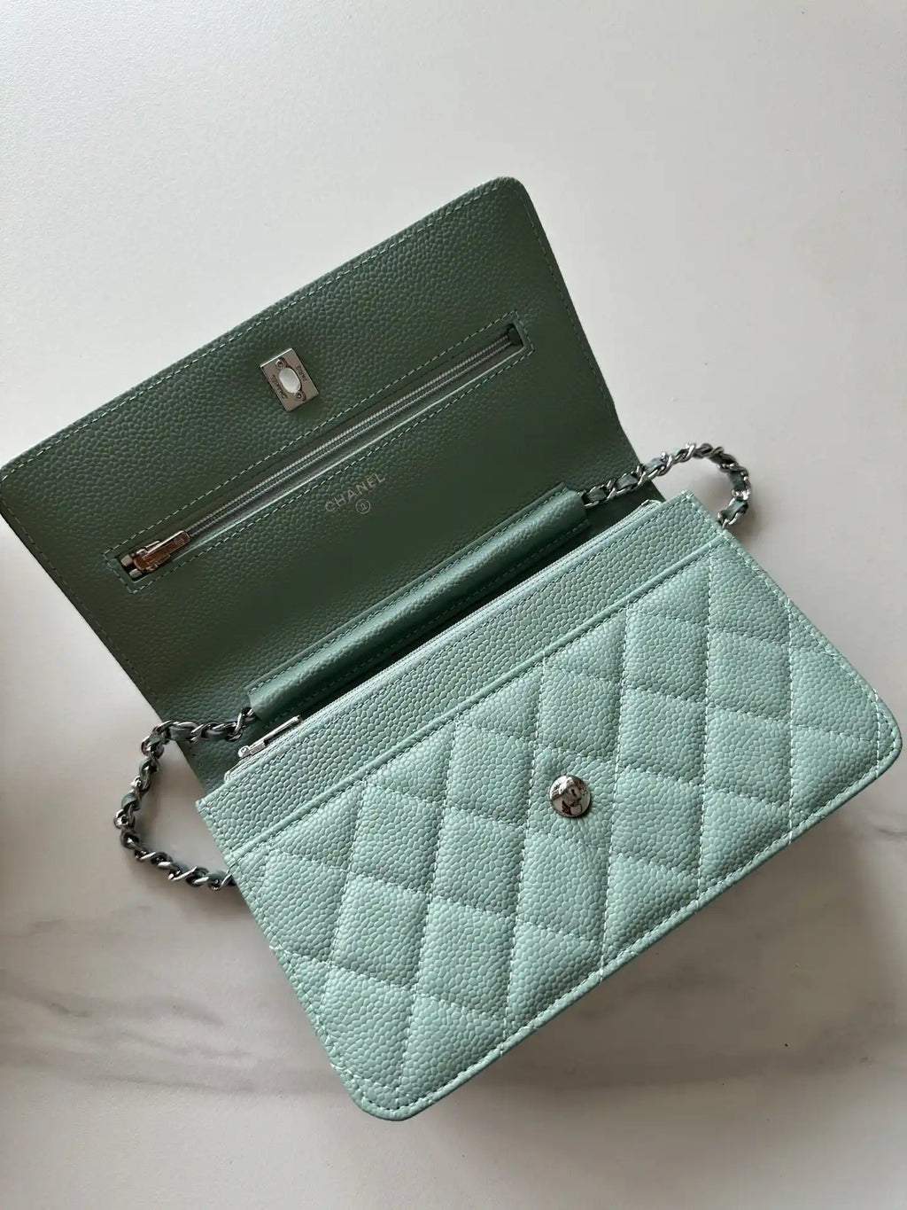 Chanel AP4241 Classic Wallet On Chain Grained Shiny Calfskin Light Blue