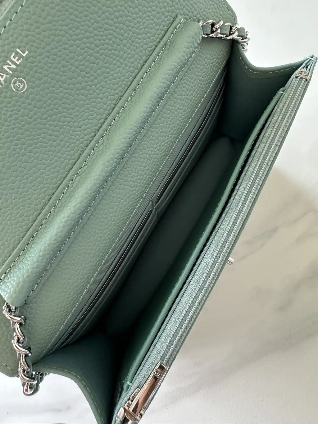 Chanel AP4241 Classic Wallet On Chain Grained Shiny Calfskin Light Blue