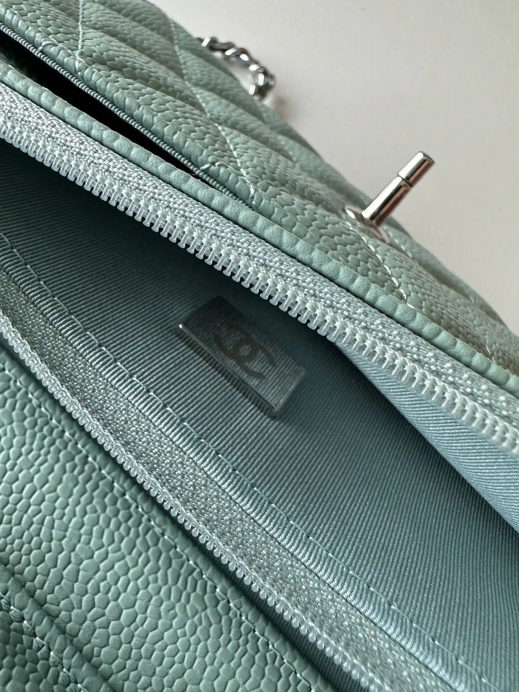 Chanel AP4241 Classic Wallet On Chain Grained Shiny Calfskin Light Blue