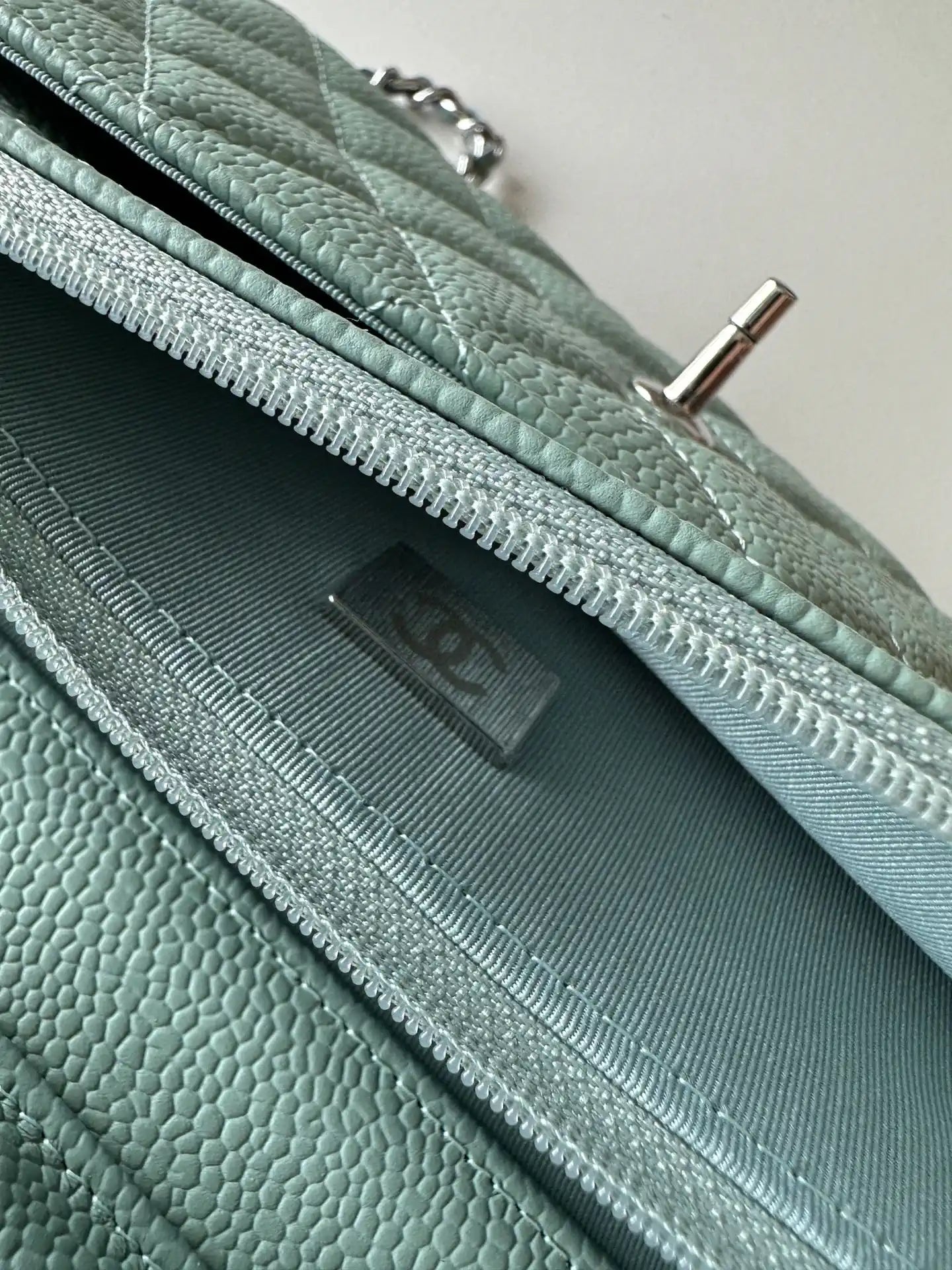 Chanel AP4241 Classic Wallet On Chain Grained Shiny Calfskin Light Blue