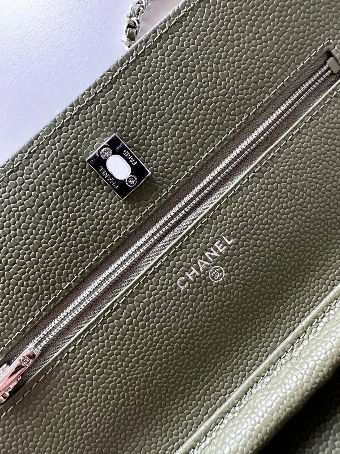 Chanel AP4241 Classic Wallet On Chain Grained Shiny Calfskin bronze green