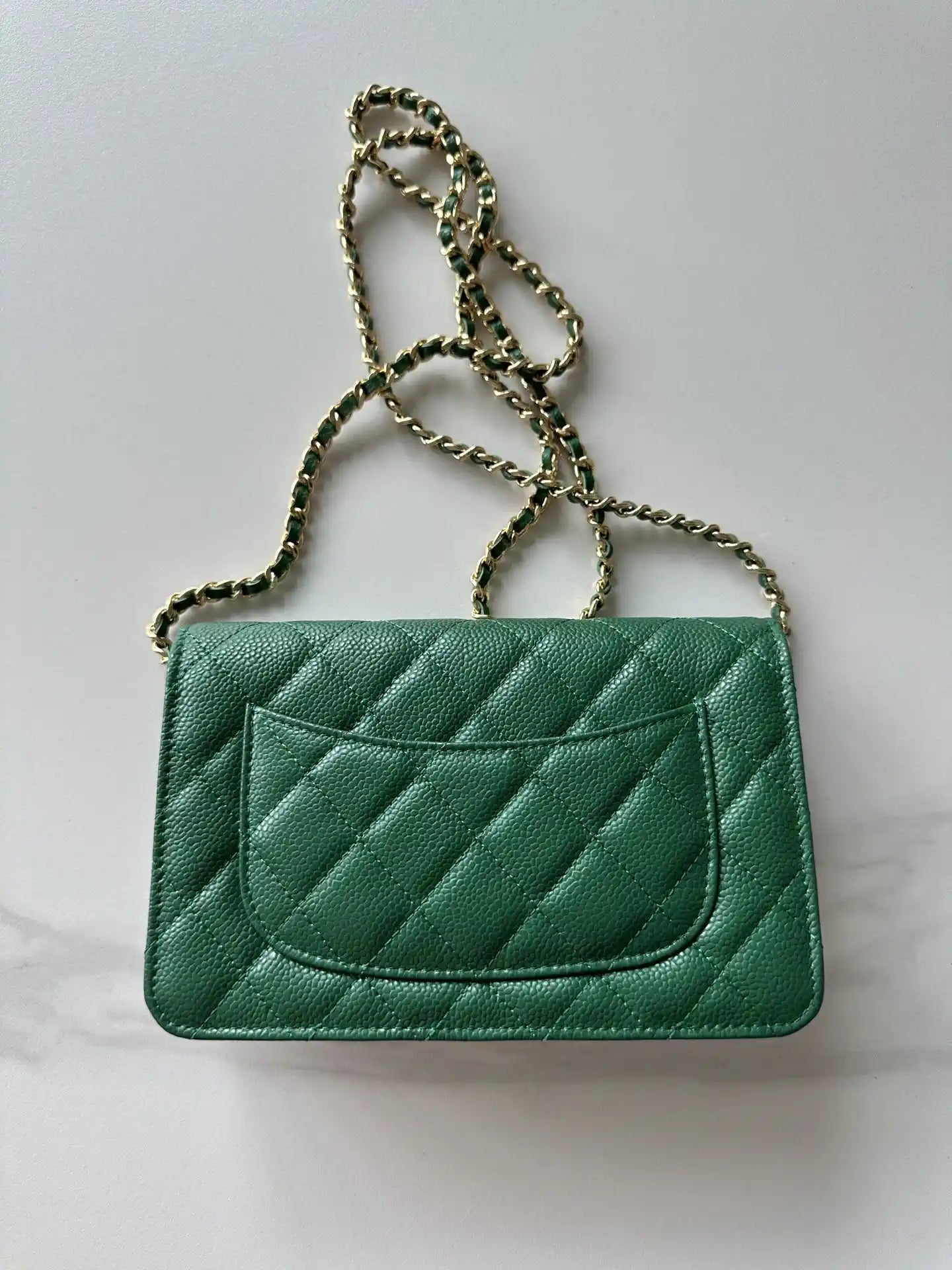 Chanel AP4241 Classic Wallet On Chain Grained Shiny Calfskin Deep Green