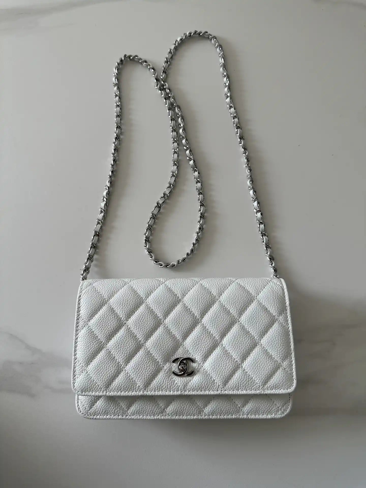 Chanel AP4241 Classic Wallet On Chain Grained Shiny Calfskin White