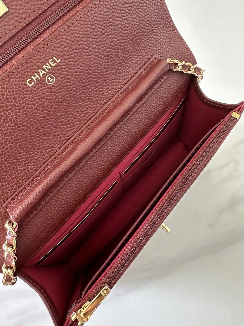 Chanel AP4241 Classic Wallet On Chain Grained Shiny Calfskin Wine Red