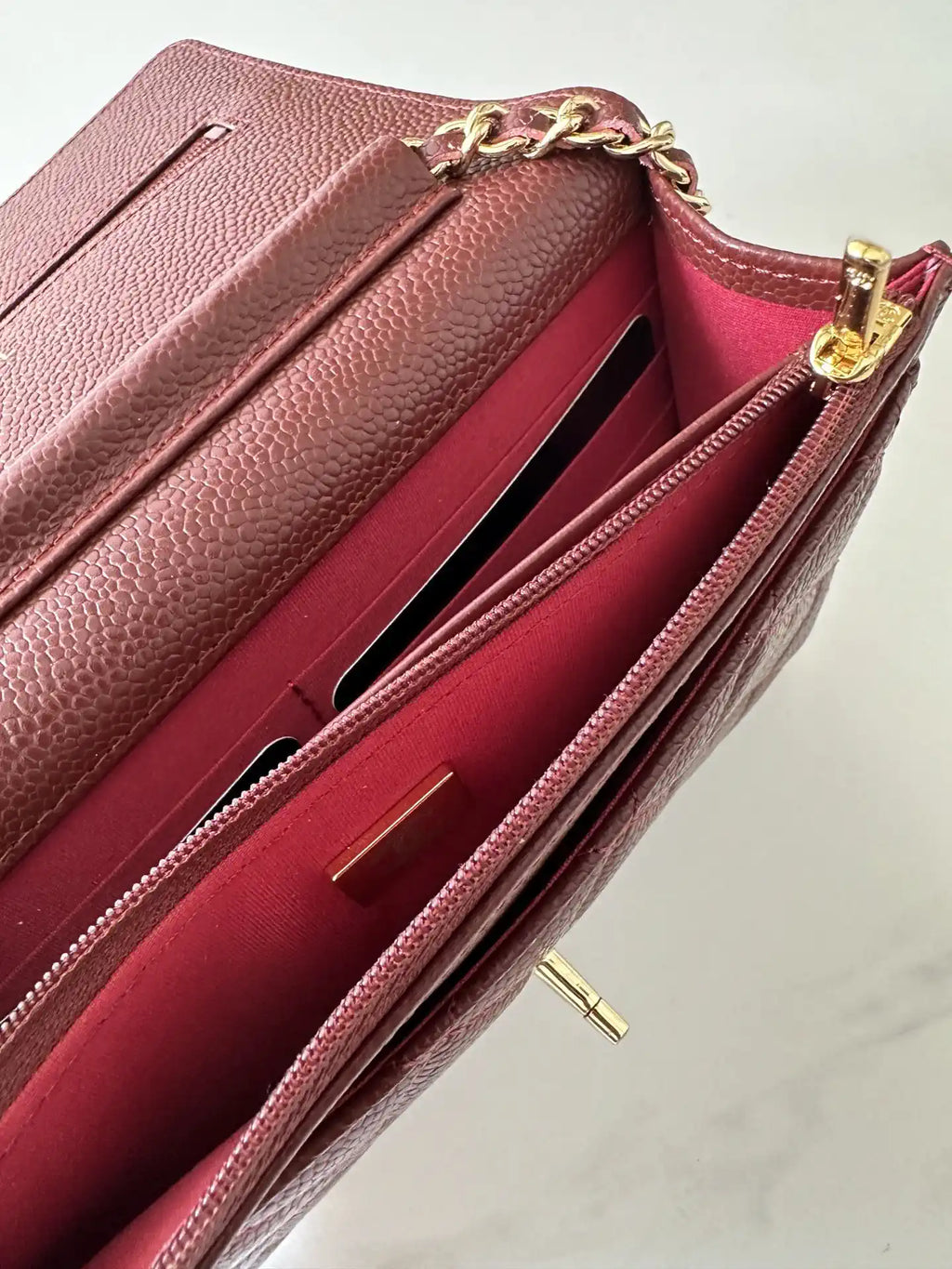 Chanel AP4241 Classic Wallet On Chain Grained Shiny Calfskin Wine Red